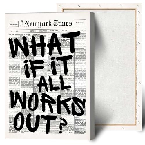 Image of Drimiler Retro Black And White Newspaper Poster What If It All Works Out Canvas Wall Art Positive Affirming Quote Minimalist Prints Painting For Home Bedroom Dorm Wall Decor 16x24in Wframed