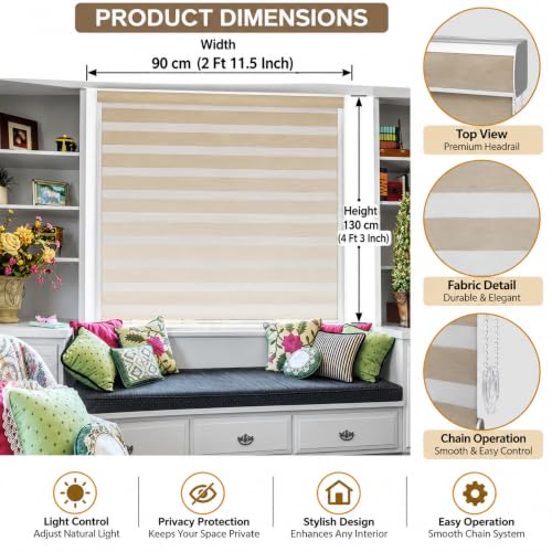 Image of Zebra Blinds for Windows - Dual-Layer Polyester Roller Blinds in Ivory, W90 x H130 cm, W 2Ft11.5in X H 4Ft 3in