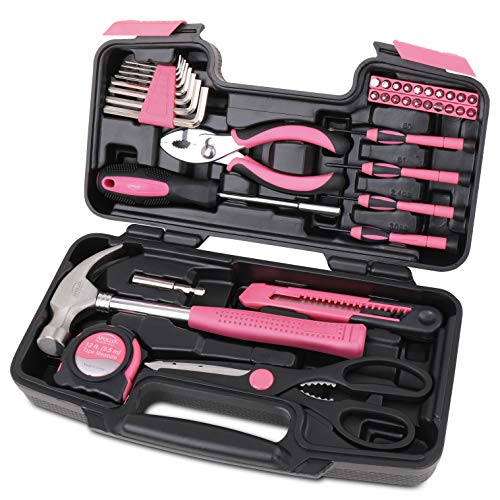 APOLLO TOOLS Original 39 Piece General Household Tool set in Toolbox Storage Case with Essential Hand Tools for Everyday Home Repairs, DIY and Crafts Pink/Black - Pink Ribbon- DT9706P