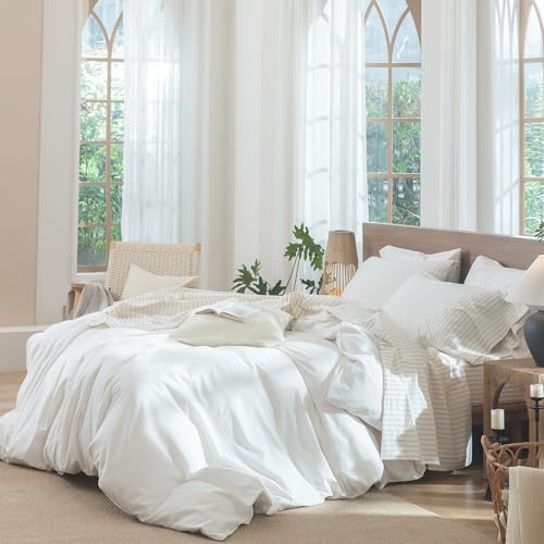 Image of MooMee Striped Sheet Set 100% Washed Cotton Linen Like Queen