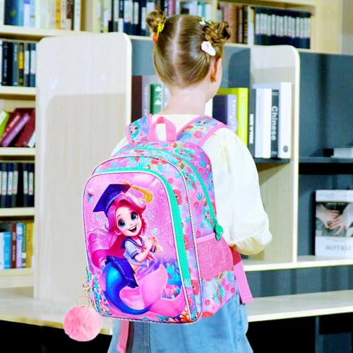 3PCS Mermaid Backpack, 16" Girls Bookbag with Lunch Box, Water Resistant Kids Elementary Prechool Toddler Shool Bag - Pink Dr. Mermaid2