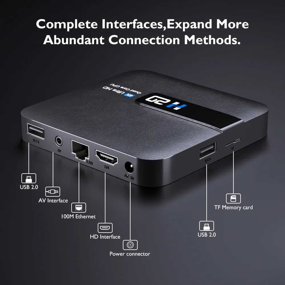 H20 2GB/16GB Décodeur Lecteur Multimédia de Diffusion en continu Android 10 Boîte TV 4K 3D HD 1080p avec Amlogic Quad-Core CPU RK3228A, WiFi,4K HD, H.265.