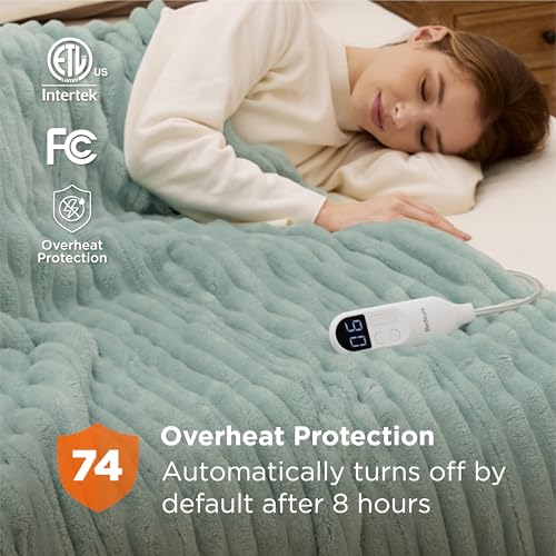Image of Bedsure Heated Blanket Full Size - Thick Striped Fast Heating Electric Blanket with Preheat Function, 6 Heat & 6 Timer (Up to 10H), 8H Auto Off, ETL Certified, Gift for Grandma (72 inchx84 inch, Green)