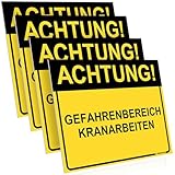 PRINTIMA 4x Schild ACHTUNG! GEFAHRENBEREICH KRANARBEITEN 40x30 cm – PVC – Inkl. Befestigung – Warnschild für Baustelle, Industrie, Lager & Hebezonen