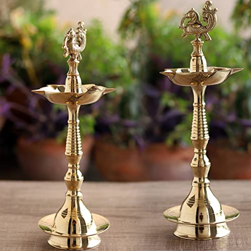Image of Indian Art Villa Pure Brass Shine Finish Stand /Pillar Diya /Deepak /Lamp /Lantern with Peacock Design, Pooja, Home Decor & Diwali Gift Item, Height-16 Inches, Set of 2