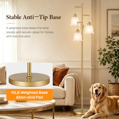 Image of Dimmable Floor Lamp, 3 x 900LM Edison Bulbs Included, Modern Gold Tree Standing Lamp with Elegant Frosted Glass Flower Shade 3 Light Vintage Floor Lamp for Living Room, Bedroom, Office