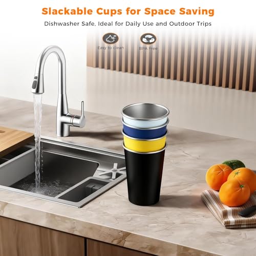 HAMIZHONGTAI 8 Pack Stainless Steel Cups 16oz - Colorful Stackable Shatterproof Metal Cups & stainless steel tumbler, Reusable BPA-Free Metal Drinking Cups for Camping, Travel, Outdoors - image 2