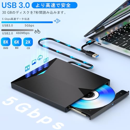 undefined ブルーレイドライブ外付け!さらに速く軽く薄く安定性!】外付けブルーレイドライブ USB-A/C対応 BD/DVD/CD 再生・読み込み・書き込み対応 ポータブルBlu-rayプレーヤー Windows 7-11/Mac OSパソコン対応 の商品画像 2