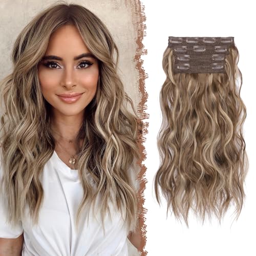FESHFEN Clip in Hair Extensions 4PCs Long Wavy Curly Thick Hairpieces Full Head Natural Synthetic Extension for Women, 16 Inch Brunette Mixed Ash Blonde