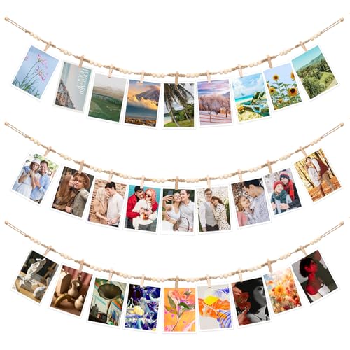 Boho Hanging Photo Display 3 Pack Wooden Bead Garland with Clips