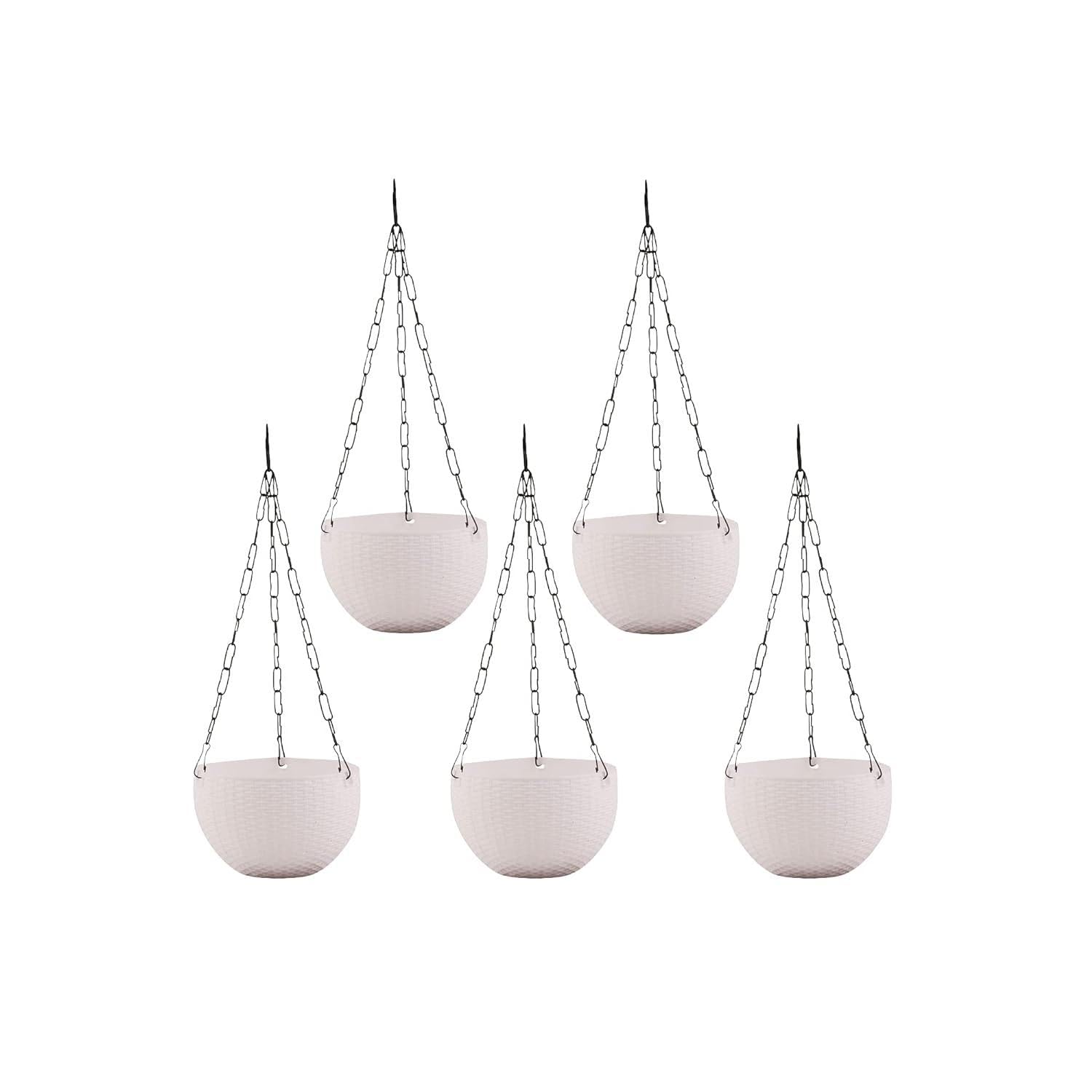 STAND MASTER Plastic Round Can Basket White Color Chain Hanging Pots |Beautiful Colors Hanging Plants Flowers Pots for Indoor and Outdoor (White Hanging Pots Only Set of 5)