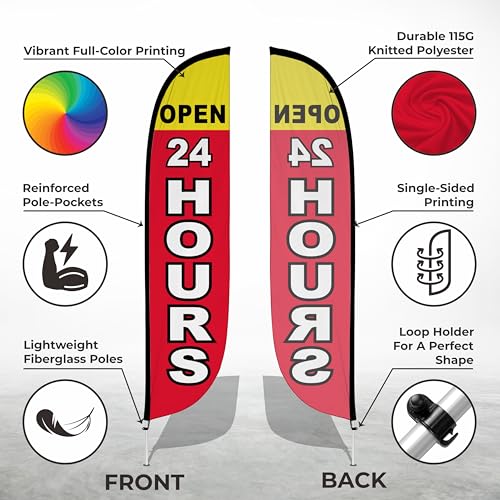 Image of LookOurWay Feather Flag Pole Kit - 12 Feet Tall Advertising Flag Banner with Fiberglass Pole Kit and Ground Spike for Business Promotion - Grand Opening Flags - Open 24 Hours (10M1200273)
