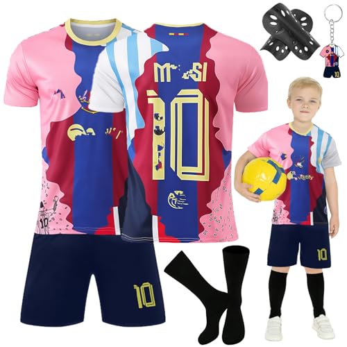Heartsking Kids Football kit,#7#10 Commemorative Edition Soccer Jerseys Football Kits for Kids Boys Girls,Training Shirts Shorts Socks Guard Plate Keychain, Gifts for Children Blue