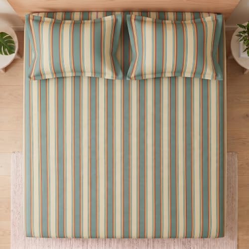 Image of BSB HOME 240 TC Cotton Feel Bedsheet with 2 Pillow Covers, Soft & Breathable Printed Double Bed Sheet for Bedroom, Fade Resistant & Easy Care - 90 x 100 Inches (228 x 254 cm) - Ochre Stripe
