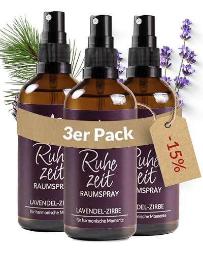 Heldengrün® Kissenspray zum Einschlafen 'Ruhezeit' [ECHTE BIO-ÖLE] Dermatologisch getestet - Kopfkissenspray mit Bio-Lavendel & Zirbe - Schlafwohl Kissenpray - 3 x 100 ml