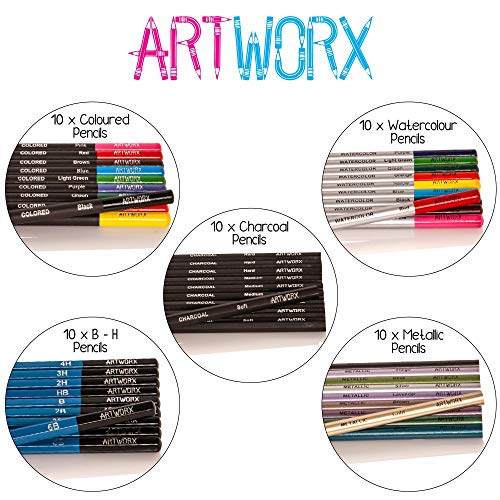 Artworx 50 Art Pencils Set - Premium Sketching & Colouring Pencils - Assorted Colours & Grades