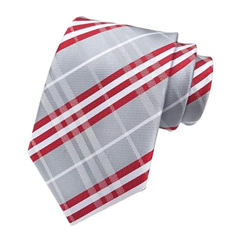 Elfeves Men's Modern Tartan Checks Plaid Style Formal Ties Woven Pattern Necktie (One Size, Silver grey red) Cover