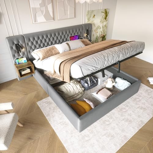 HaoChrymec Conjunto Completo de Dormitorio con Cama Tapizada de Terciopelo, Cama Doble Hidráulica con Almacenaje y 2 Mesillas, Luz de Lectura y USB en Cabecero,Gris, 160 x 200 cm (Sin Colchón)