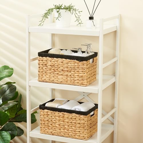 Wicker Storage Basket 2 Pack, Water Hyacinth Storage Baskets with Built-in Handles, Large Wicker Baskets for Storage & Organizing, Natural with Black