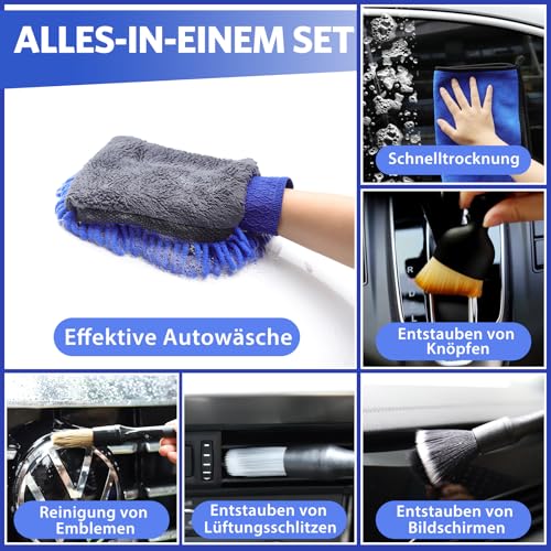 KEYAYE 10 Stück Autopflege Set mit 3er Mikrofasertücher, Mikrofaser Waschhandschuh, Detailingbürste Weiche Borsten, 600 GSM Auto Trockentuch zum Kratzfreien Trocknen & Auto Polieren, 40x30cm