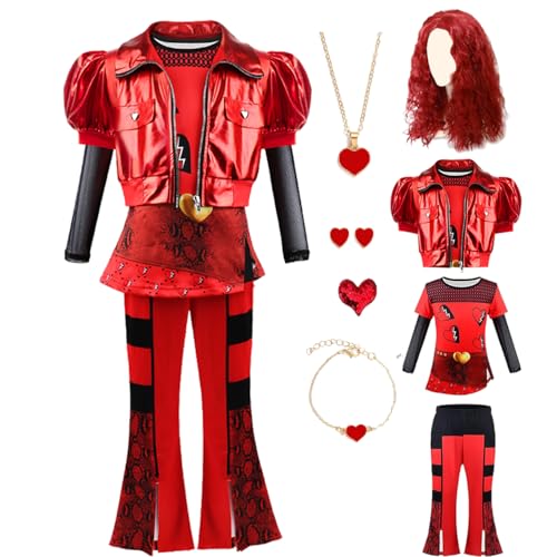 Disfraz rojo para niñas con chaqueta, camisa, pantalón y peluca