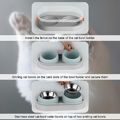 KEVIDEAWL Elevated Raise Tilted Cat Food Bowls,with Stand Stainless Steel, Anti Vomiting, Double Cat Food and Water Bowl Set (Grayblue)