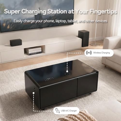 Image of LIVTAB Smart Coffee Table, Living Room Table with Built in Fridge, 23 inch D x 41.5 inch W x 18.1 inch H, Smart Table with 10W Wireless Charging, USB Chargers and 110V Outlet
