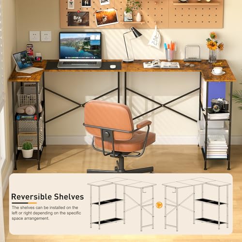 Rustic Brown L-Shaped Corner Desk with Reversible Shelves for Small Spaces
