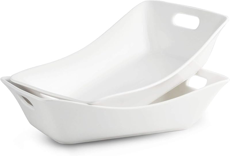 YHOSSEUN Cuencos grandes para servir con asas, platos para servir para entretenimiento | Platos blancos para servir, juego de cuencos de cerámica de 1,5 cuartos, plato rectangular para servir para Acción de Gracias, juego de 2