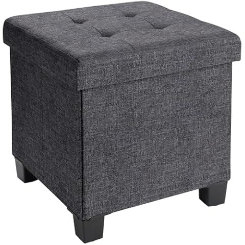 Ornavo Home 15 Inch Folding Storage Ottoman with Storage, Square Cube Linen Small Storage Ottoman Foot Rest Stool with Legs - Charcoal Gray Cover
