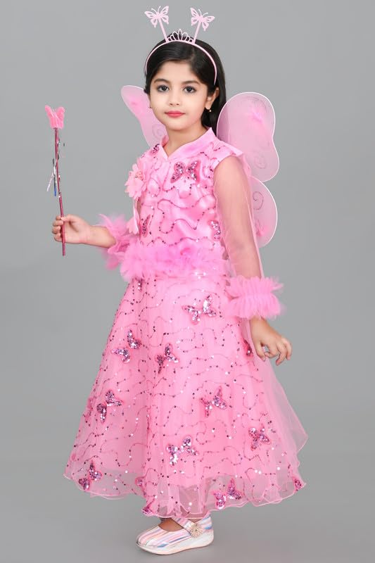 Image of Zenat Girls Kids Net Regular Fit Knee Length Sweet Angel Frock Dress (Pink 3-4 Years)