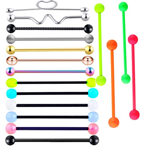 Fanpei 17pcs 14G Stainless Steel Long Industrial Barbell Earrings Cartilage Helix Conch Body Piercing Jewelry