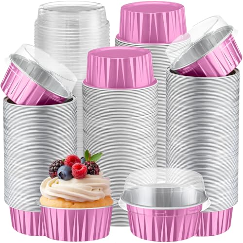 Gejoy 400 Pcs Aluminum Foil Baking Cups with Lids, Classic, Dark Pink