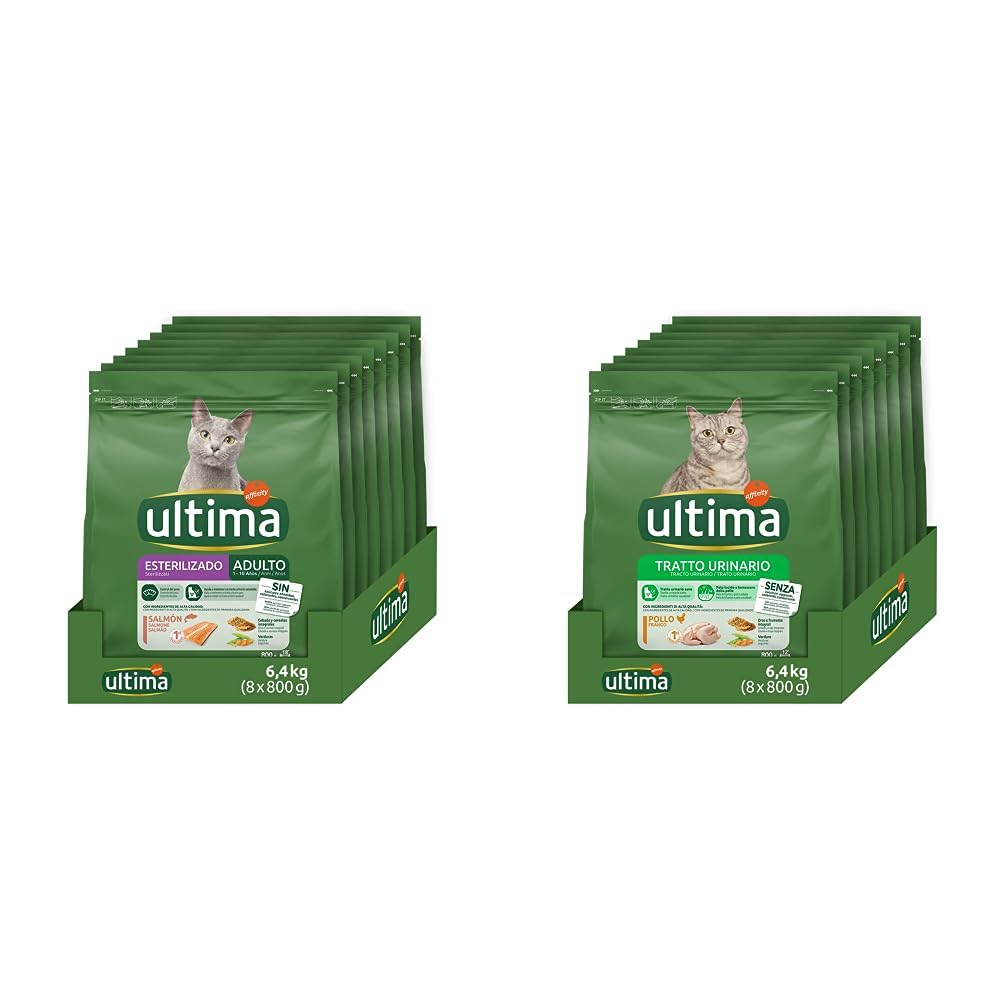 Ultima Sterilizzati Adult Salmone - Crocchette per gatti - Confezione da 8 x 800g - Totale 6,4kg & Tratto urinario Pollo - Crocchette per gatti - Confezione da 8 x 800g - Totale 6,4kg