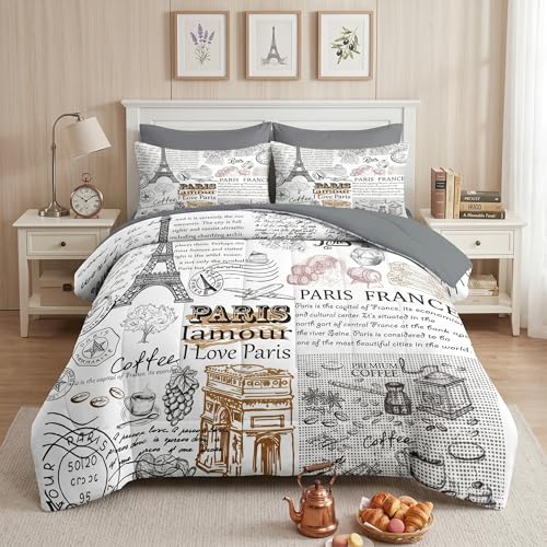 Nesker 7 Pcs Comforter Set Queen Size Paris Gold Eiffel Tower Bedding Set for Kids and Adults Romantic French Sheets Bed Sheet Sets with Fitted Sheet 2 Pillowcases & 2 Shams