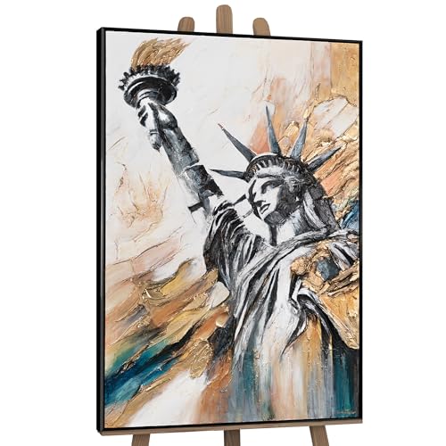 Image of YS-Art Original Handmade Painting – Statue of Liberty Abstract in Gold, Teal, and Beige, Textured Artwork on Canvas, Framed Wall Decor for Office Living Room 48x32 inches