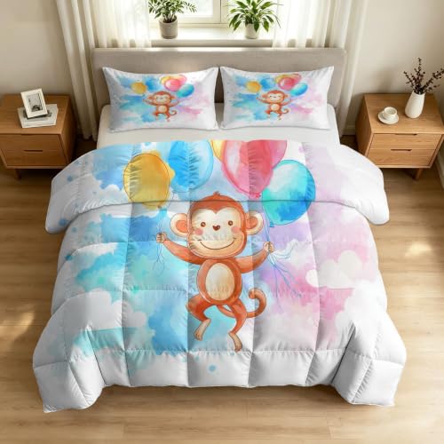 Edredón de 7.5 tog con diseño de mono y globos reversible con 2 fundas para cama King 2