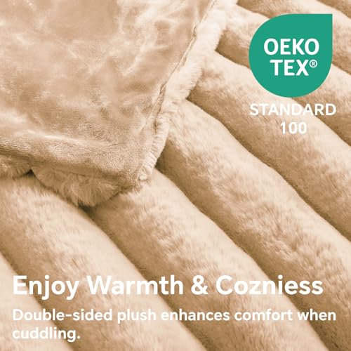 Image of BEDELITE Faux Fur Throw Blanket for Couch, 770GSM, 50 inch x 60 inch, Brown | Soft and Cozy Luxurious 3D Striped Fluffy Blanket, Warm Plush Fuzzy Faux Rabbit Fur for Women Gift, Stylish Room Decor