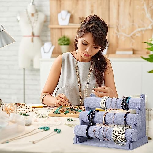 Image of 3 Roll Velvet Bangle Stand Wooden Jewellery Display Stand (Grey)