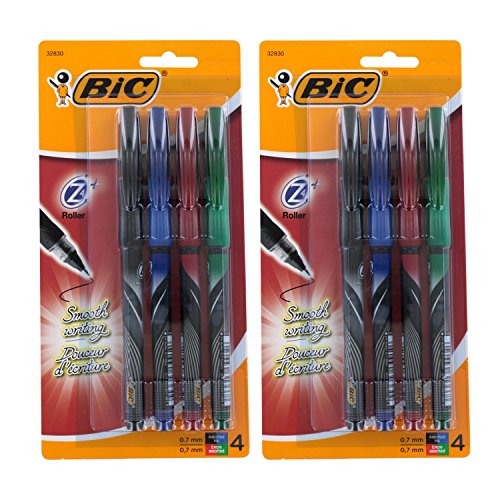 BIC Z4+ Stick Rollerball Pens, 0.7mm, Assorted Ink, two packs of 4 (Z4CP41-Ast)