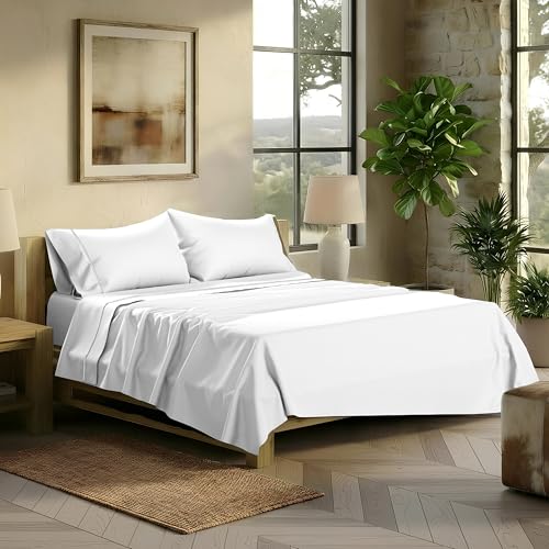 Image of TEXAS LINEN CO. 100% Egyptian Cotton Sheets King Size - 2000 Series Luxury King Bed Sheet Set, Silky Soft Cooling Sateen Weave, 17 inch Extra Deep Pocket Hotel Collection Sheets (4 Pc, White)