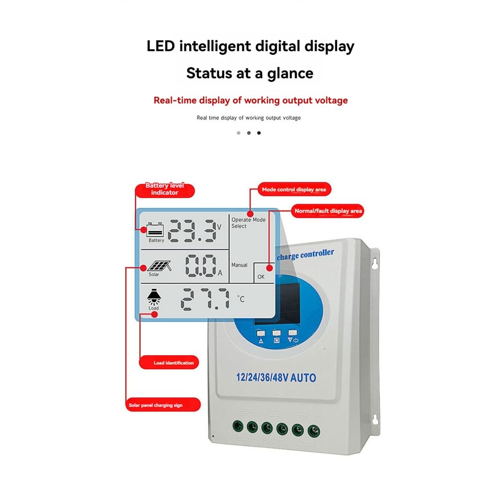 Régulateur de Charge Solaire MPPT 120A 12V/24V/36V/48V avec Double Charge USB Automatique pour Batterie au Plomb ou au Lithium et Panneau Solaire B