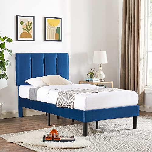 Vecelo Twin Size Bed Frame, Upholstered Platform Bedframe, Adjustable Headboard, Wood Slat Support, No Box Spring Needed, Easy Assembly, Blue #TOP2