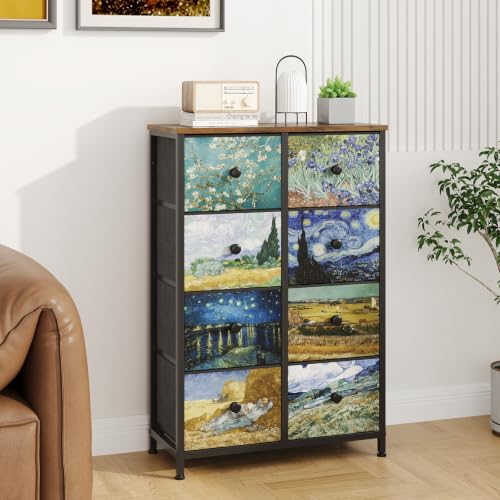 Image of EXOTICA Tall Dresser with 8 Drawer for Bedroom Narrow Van Gogh Chest of Drawers for Hallway Closet Living Room Steel Frame Rustic Brown Wood Grain Wood Top