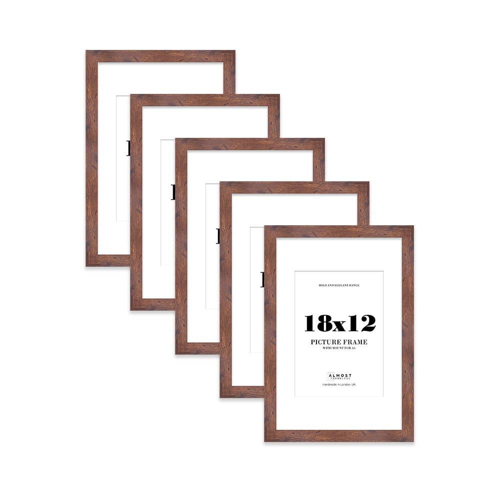 18x12 Rustic Wood Frame With Mount for A4 Pictures 28mm Edge Portrait and Landscape Display with Wall Hooks, 5 Pack