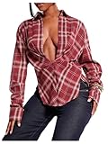 Milumia Women's Plaid Deep V Neck Collared Blouse Ruched Long Sleeve Casual Shirt Tops Burgundy Large