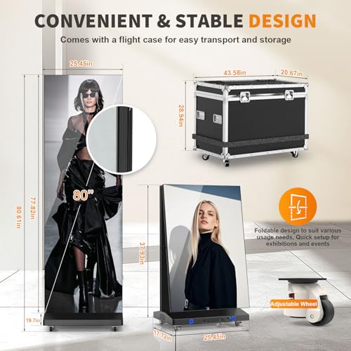 Image of 80 inch LED Digital Signage Display with Flight Case, P1.86 Foldable Spliceable LED Poster Screen Kiosk with Content Management System, WiFi /USB /HDMI for Events, Rentals & Commercial Use (Black, 1 Panel)