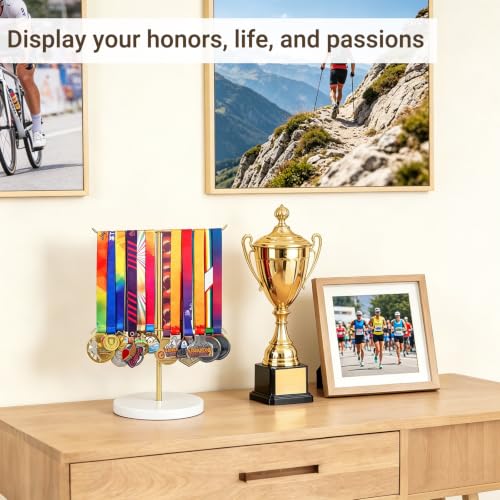 Image of Mkono Medal Hanger Display, Metal Medal Holder, Race Award Medals Display Stand for Running, Sports, Marathon, Wrestling, Taekwondo, Wood and Iron Material, 12x16 Inches (Gold and white)
