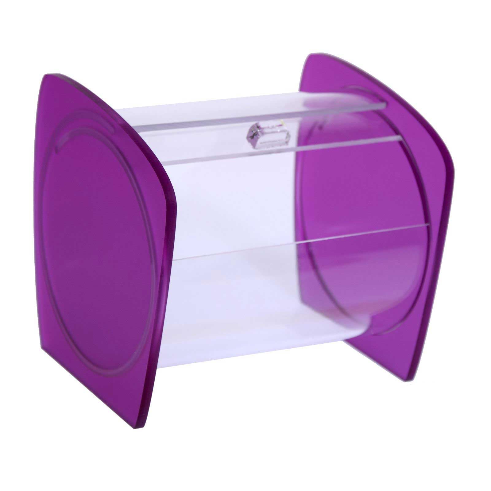 Portacaramelle confezionate sezione circolare in plexiglass trasparente e con pannelli laterali in plexiglass satinato FUCSIA - Misure totali: L 15 x P 14 x H 14 cm