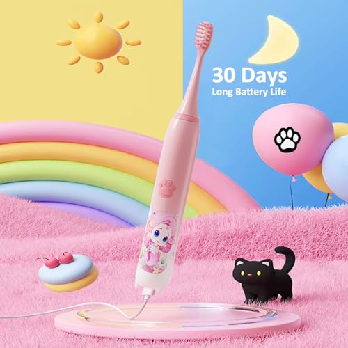 Image of Obvie Sonic Electric Kids Toothbrush with 5 Brushing Modes, IPX7 Waterproof, Soft Nylon Bristles, Rechargeable Battery last up to 30 Days, Type-C Electric Power Tooth Brush, 3 Heads (Pink)